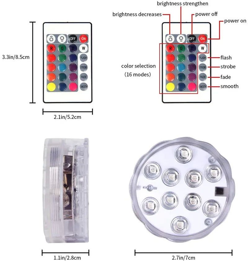 Leds RGB, luz Submersível, Lâmpada Noturna subaquática a pilhas. jardim piscina luz para festa de casamento vaso tigela - Maxofertasshop