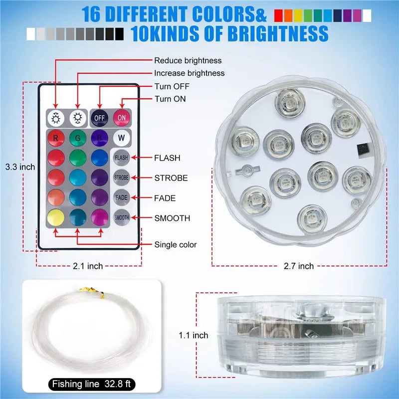 Leds RGB, luz Submersível, Lâmpada Noturna subaquática a pilhas. jardim piscina luz para festa de casamento vaso tigela - Maxofertasshop