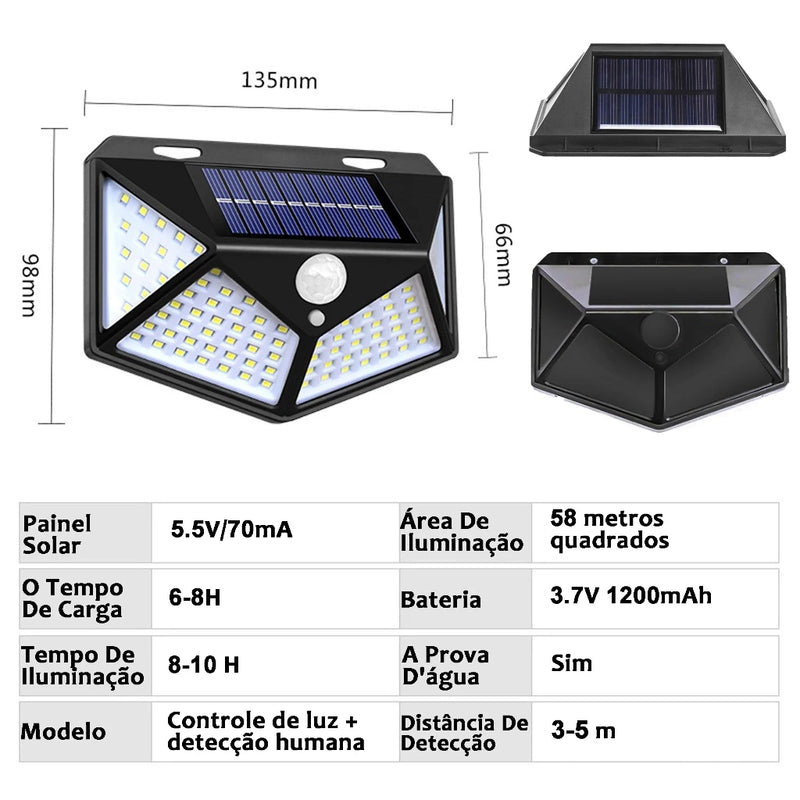 Lâmpada de Luz Solar, Jardim 100 Leds, Com Sensor de Presença.